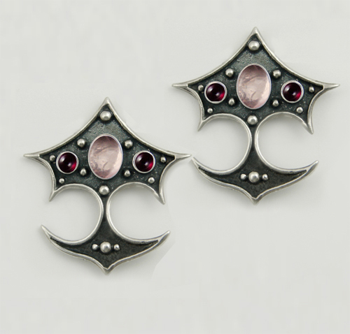 Sterling Silver Gothic Drop Dangle Earrings With Rose Quartz And Garnet